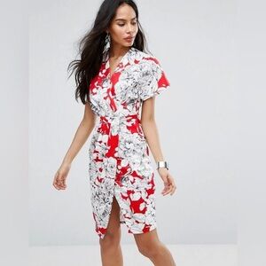 Closet London Dress Womens Size 4 Red Floral Print V Neck Sheath Short Sleeve